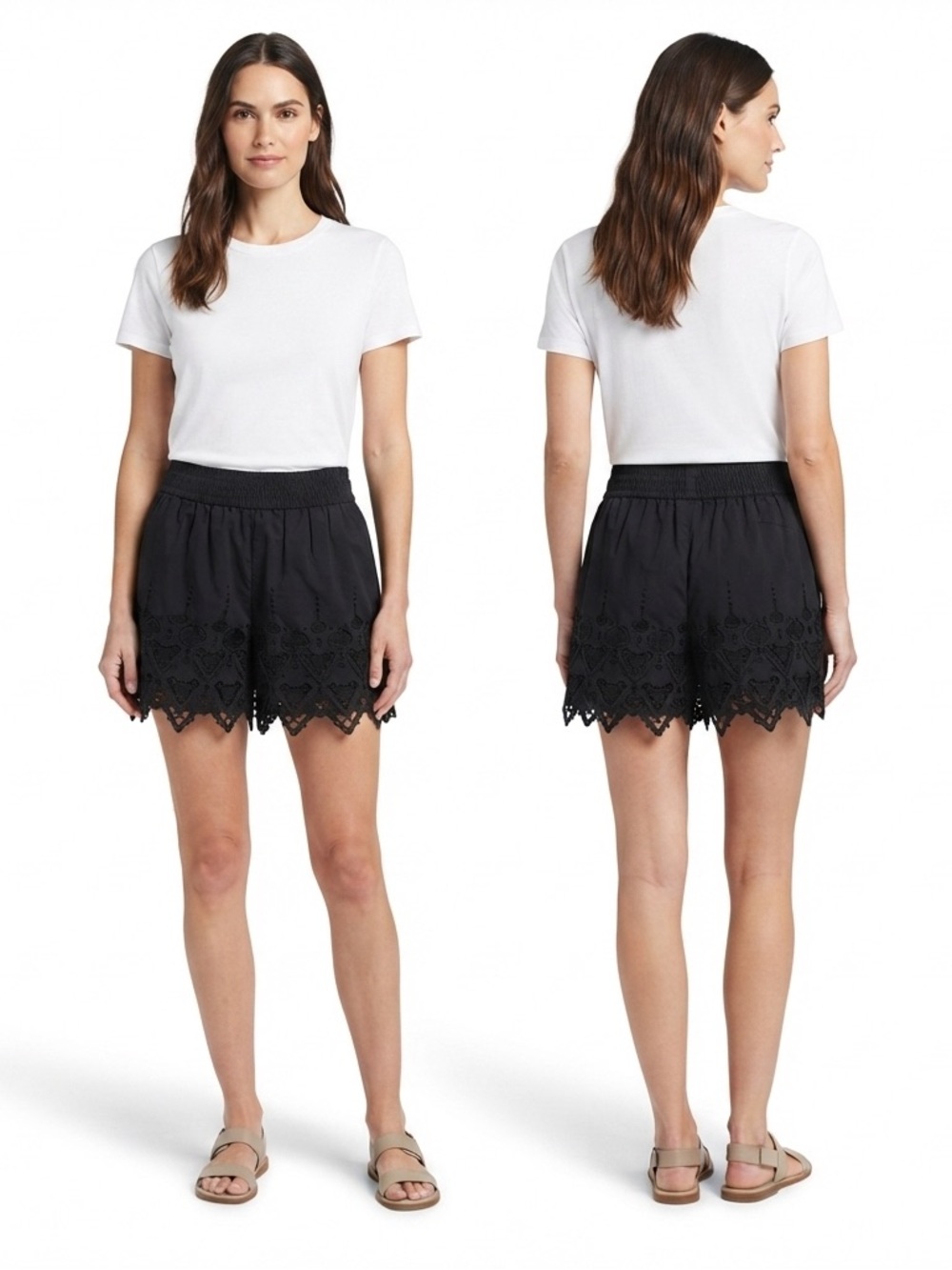 Susana Monaco Black Eyelet Embroidered Scalloped Hem Poplin Shorts S NWOT
